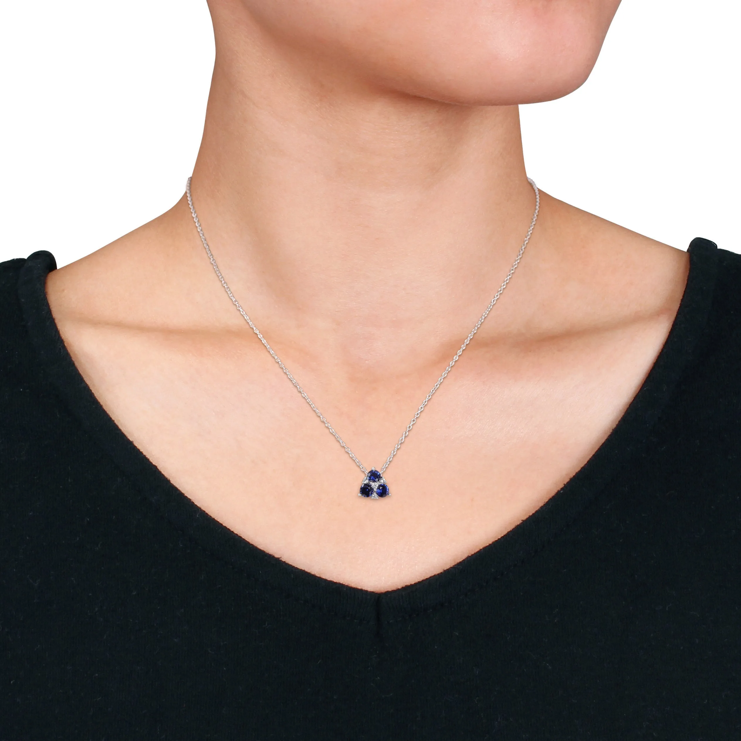 1 1/2 CT TGW Created Blue Sapphire and Created White Sapphire 3-Stone Pendant with Chain in Sterling Silver