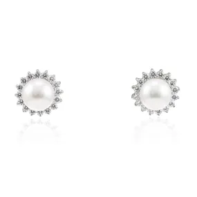 18K WHITE GOLD PEARL AND DIAMOND HALO STUD EARRINGS