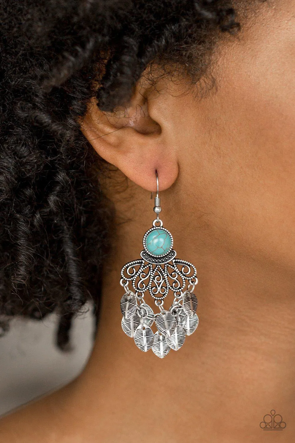 A Bit On The Wildside Turquoise Blue and Silver Leaf Earrings - Paparazzi Accessories