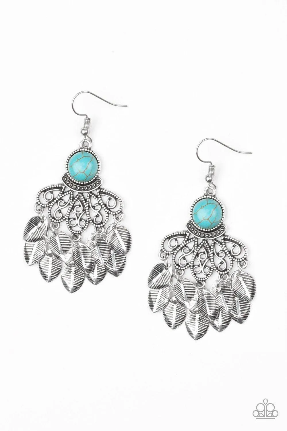 A Bit On The Wildside Turquoise Blue and Silver Leaf Earrings - Paparazzi Accessories