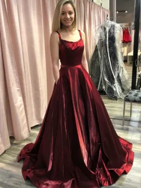 A Line Spaghetti Straps Backless Burgundy Satin Long Prom Dresses with Pocket, Burgundy Formal Dresses, Burgundy Evening Dresses