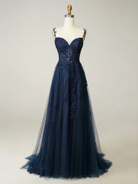 A-Line Sweetheart Neck Tulle Lace Dark Blue Long Prom Dress, Dark Blue Long Evening Dress