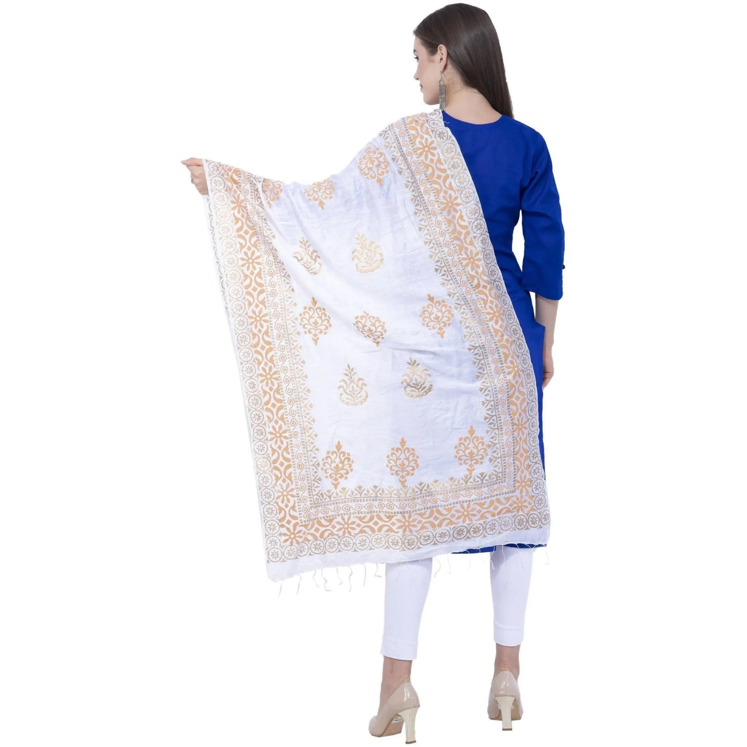 A R Silk Women's Gold Flowers Print Silk White Dupattas and Chunnis