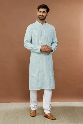 Aham Vayam's Blue Cotton Jashna Embroidered Kurta Set- Rent