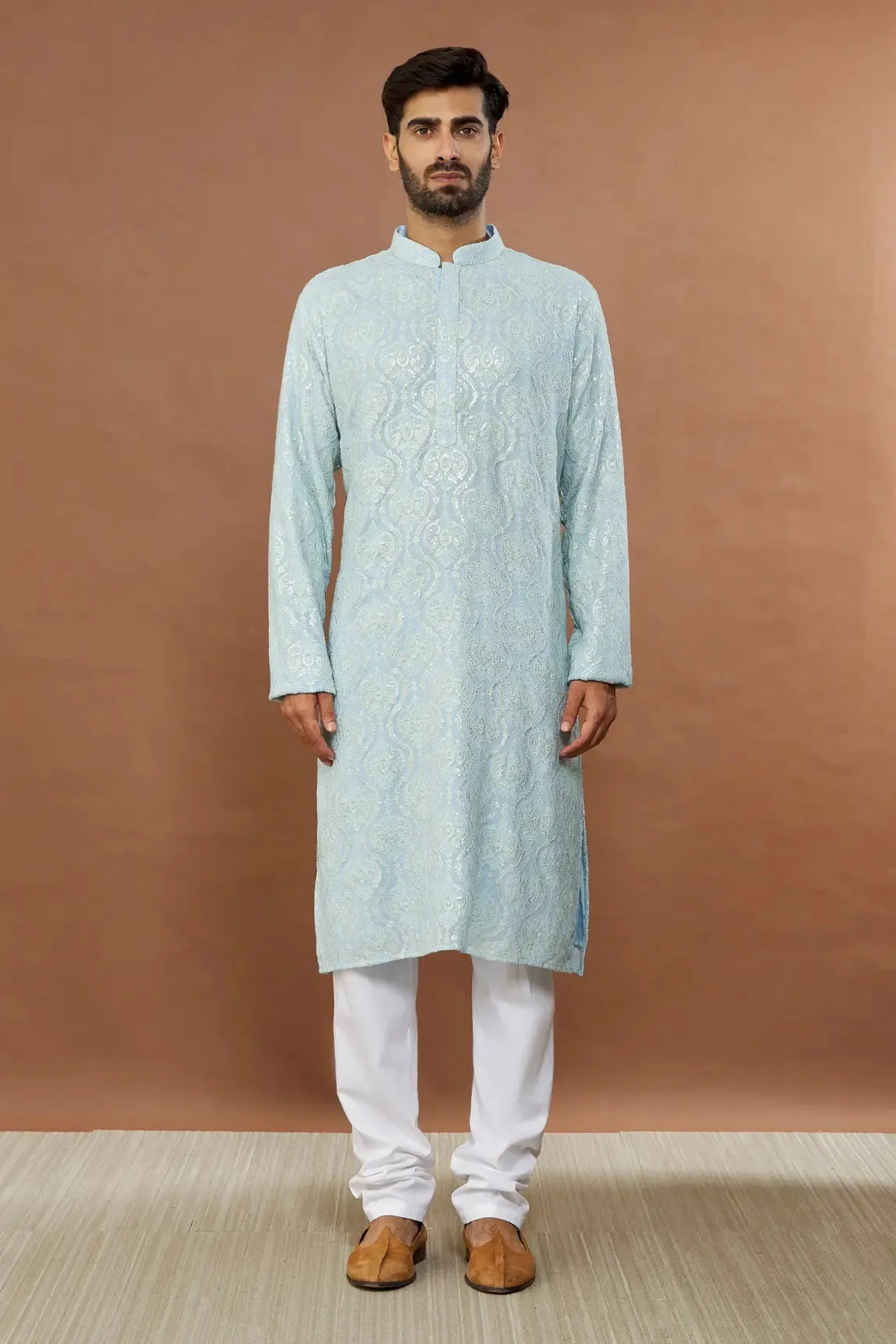 Aham Vayam's Blue Cotton Jashna Embroidered Kurta Set- Rent