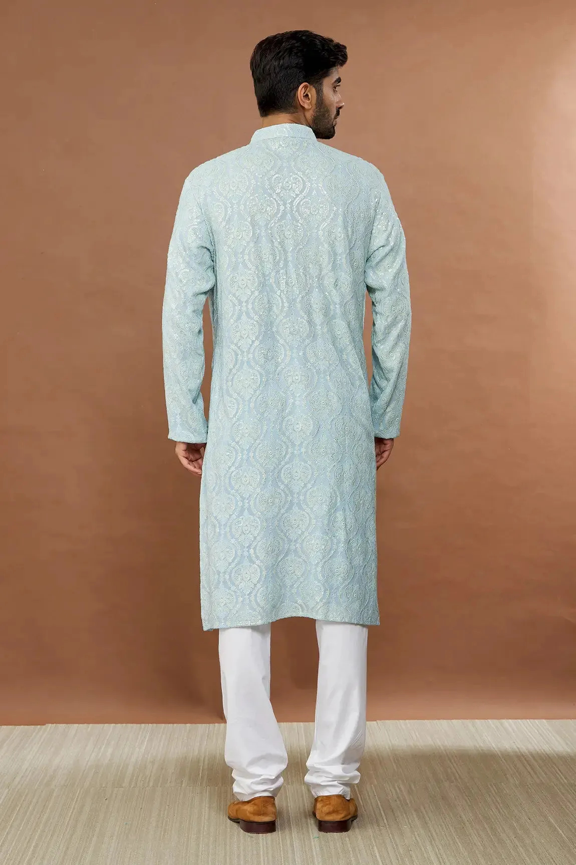 Aham Vayam's Blue Cotton Jashna Embroidered Kurta Set- Rent