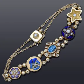 Antique Museum Company 14K Gold Blue Topaz & Diamond Slide Charm Bracelet   Box