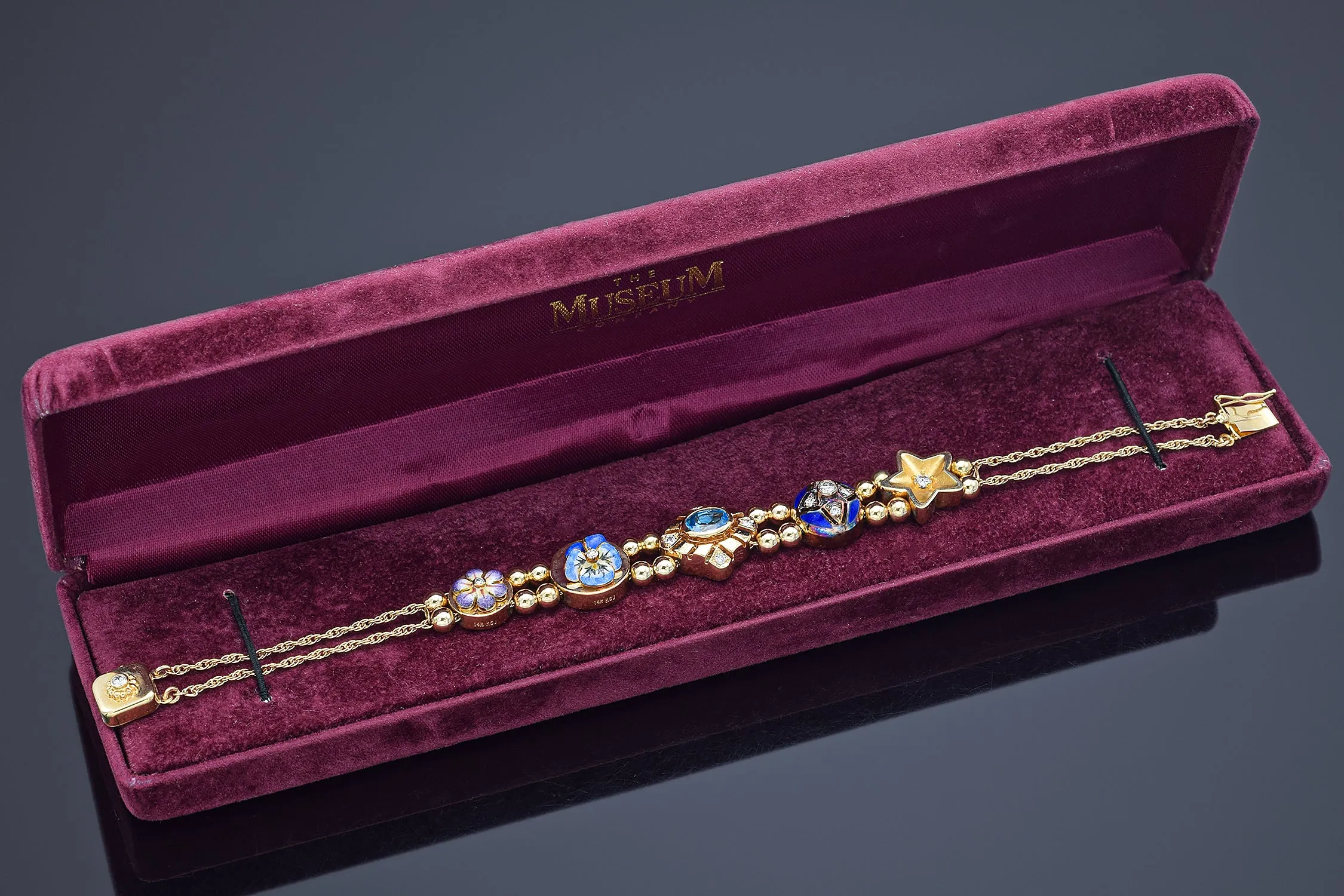 Antique Museum Company 14K Gold Blue Topaz & Diamond Slide Charm Bracelet   Box