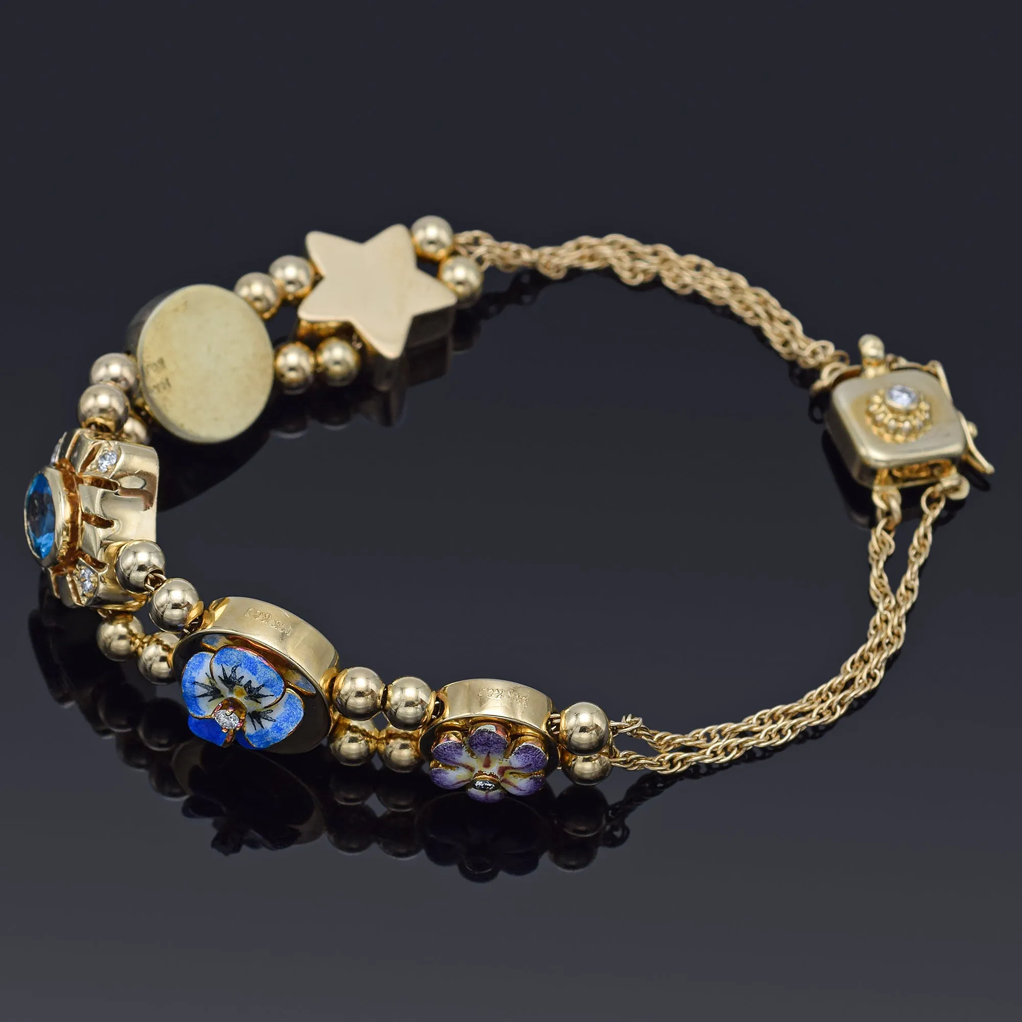 Antique Museum Company 14K Gold Blue Topaz & Diamond Slide Charm Bracelet   Box