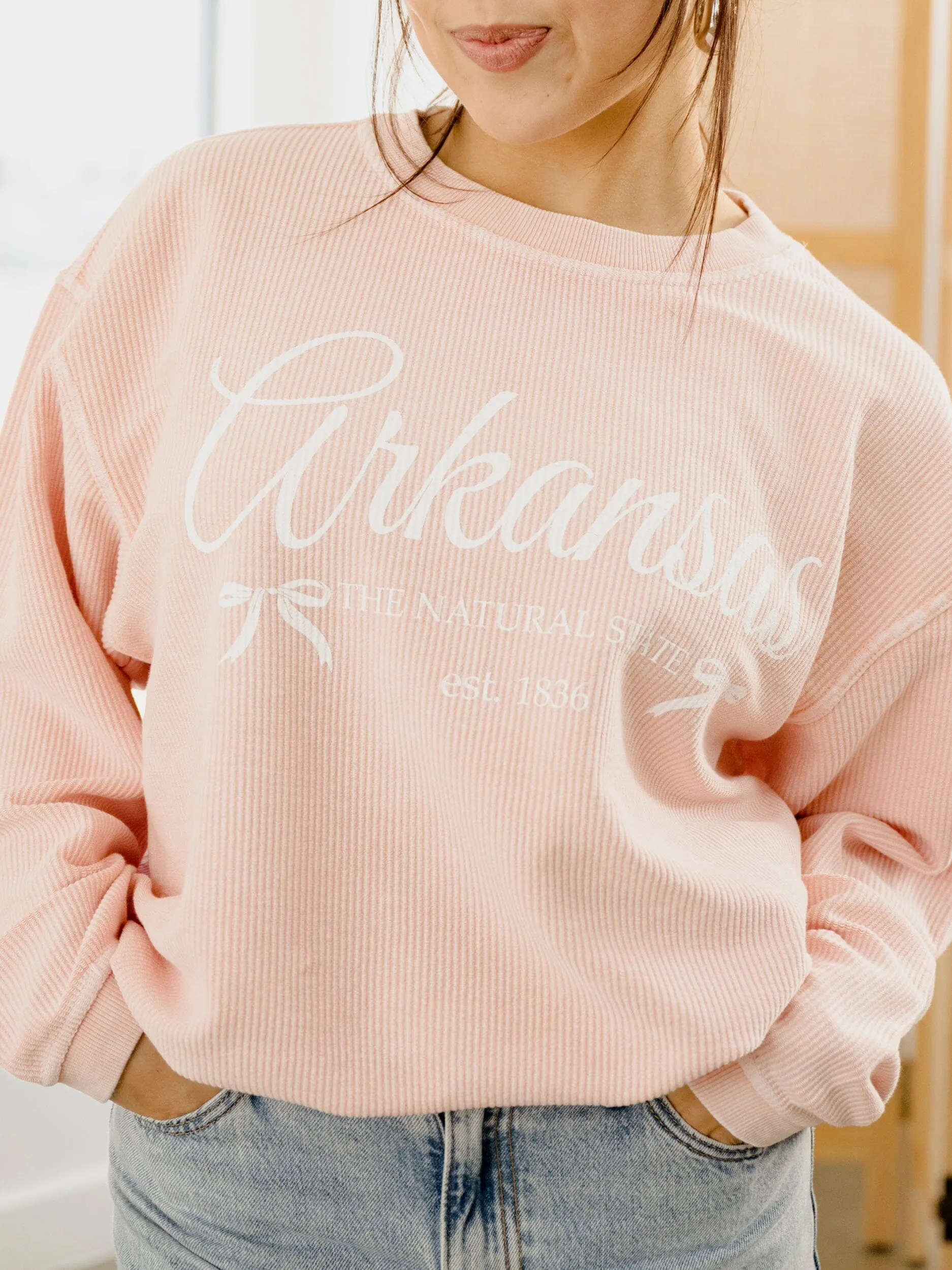 Arkansas Est. Bows Pink Corded Crew Sweatshirt