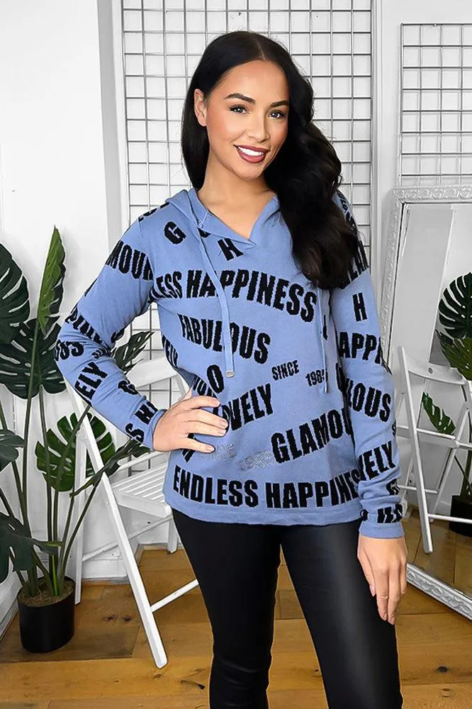 Blue Black Crystal Embellished Slogan Print Hoodie