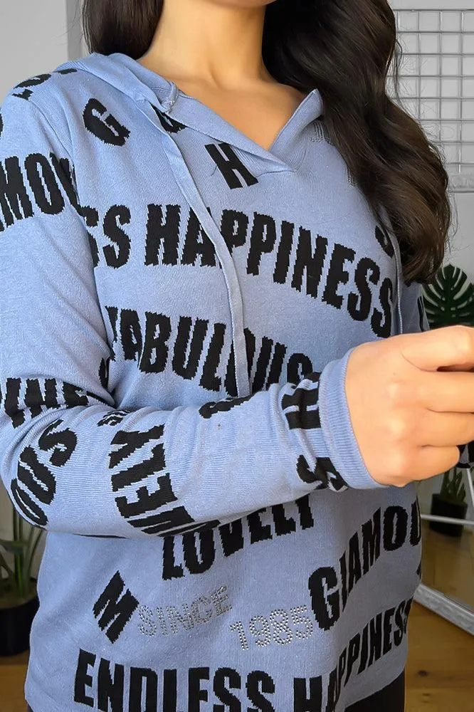 Blue Black Crystal Embellished Slogan Print Hoodie