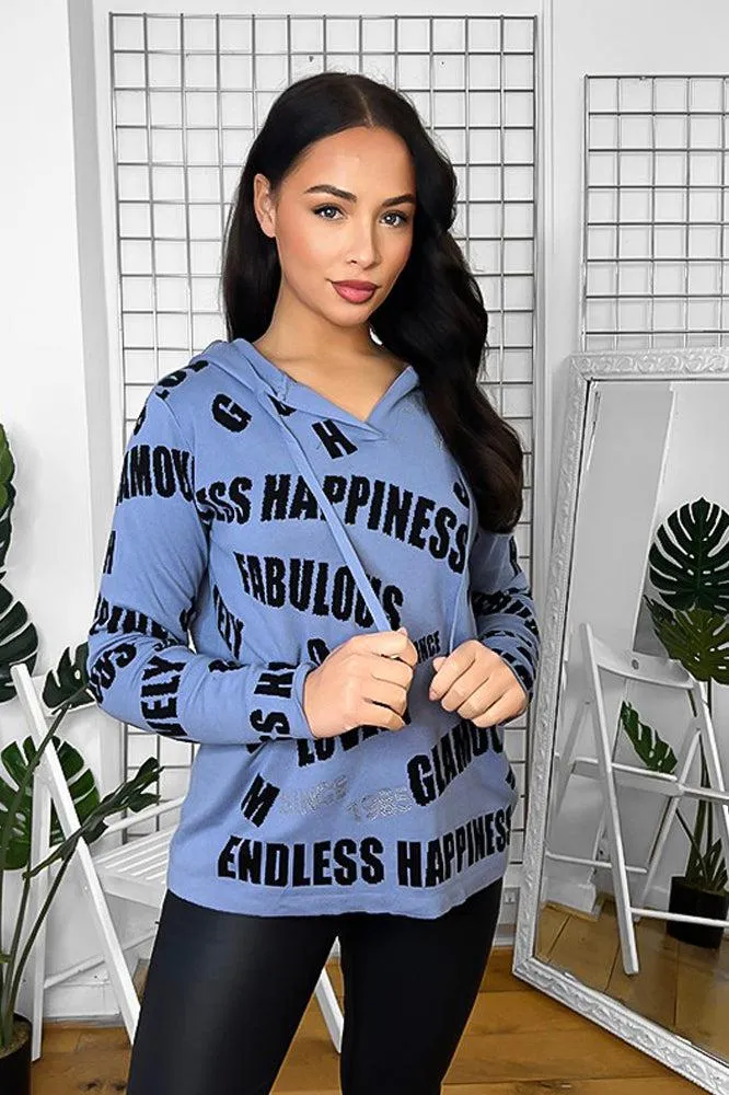 Blue Black Crystal Embellished Slogan Print Hoodie