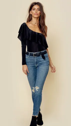 Blue Life Velvet Rib Asymmetrical Bodysuit