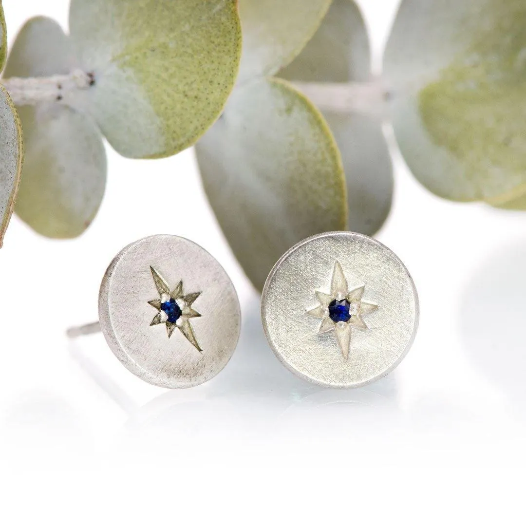 Blue Sapphire Star Set Round Disk Stud Earrings