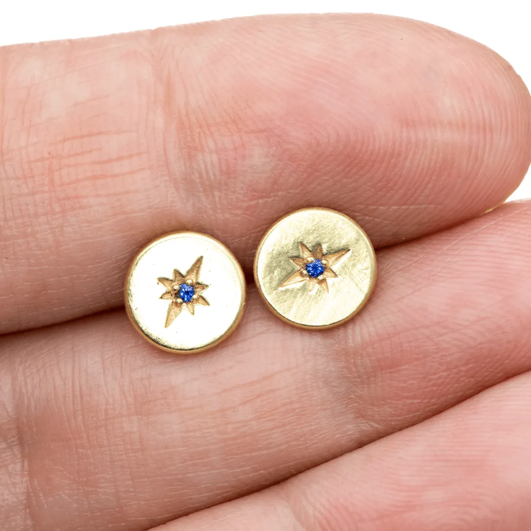 Blue Sapphire Star Set Round Disk Stud Earrings