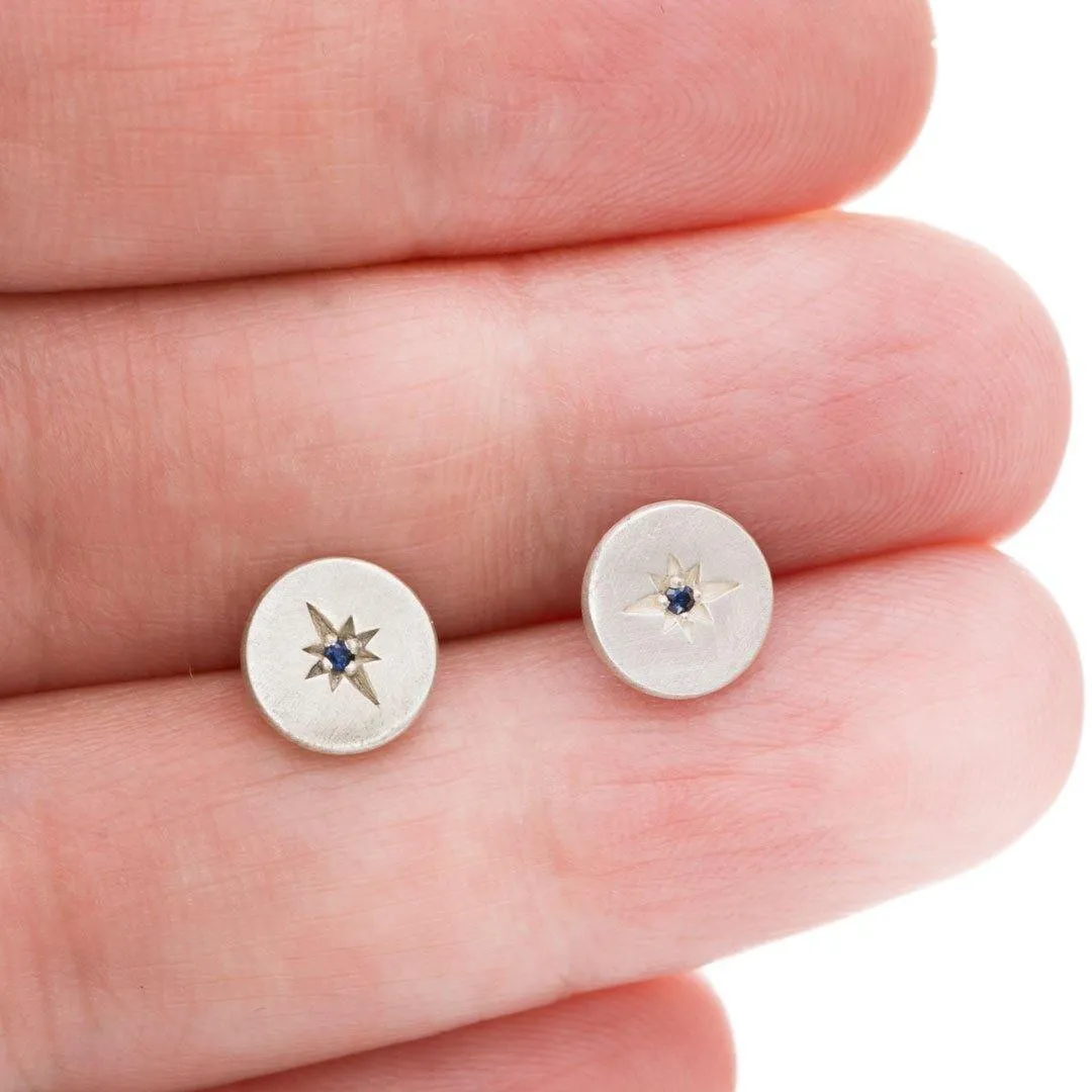 Blue Sapphire Star Set Round Disk Stud Earrings