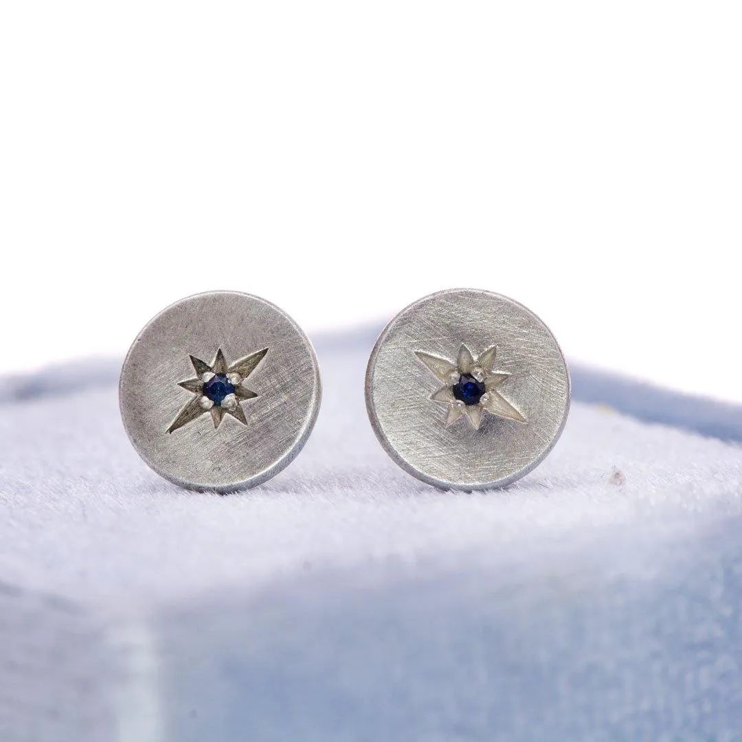 Blue Sapphire Star Set Round Disk Stud Earrings