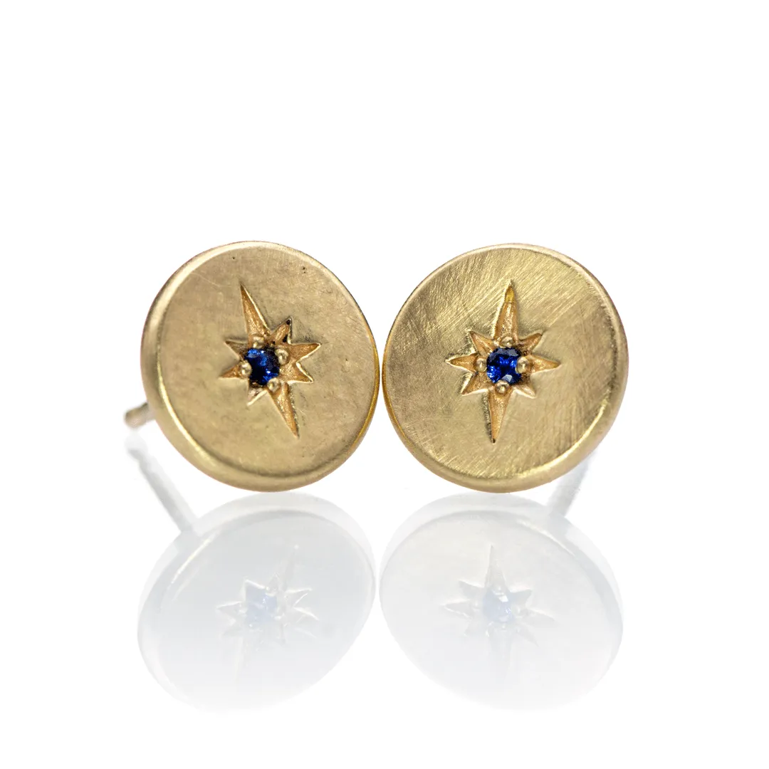 Blue Sapphire Star Set Round Disk Stud Earrings