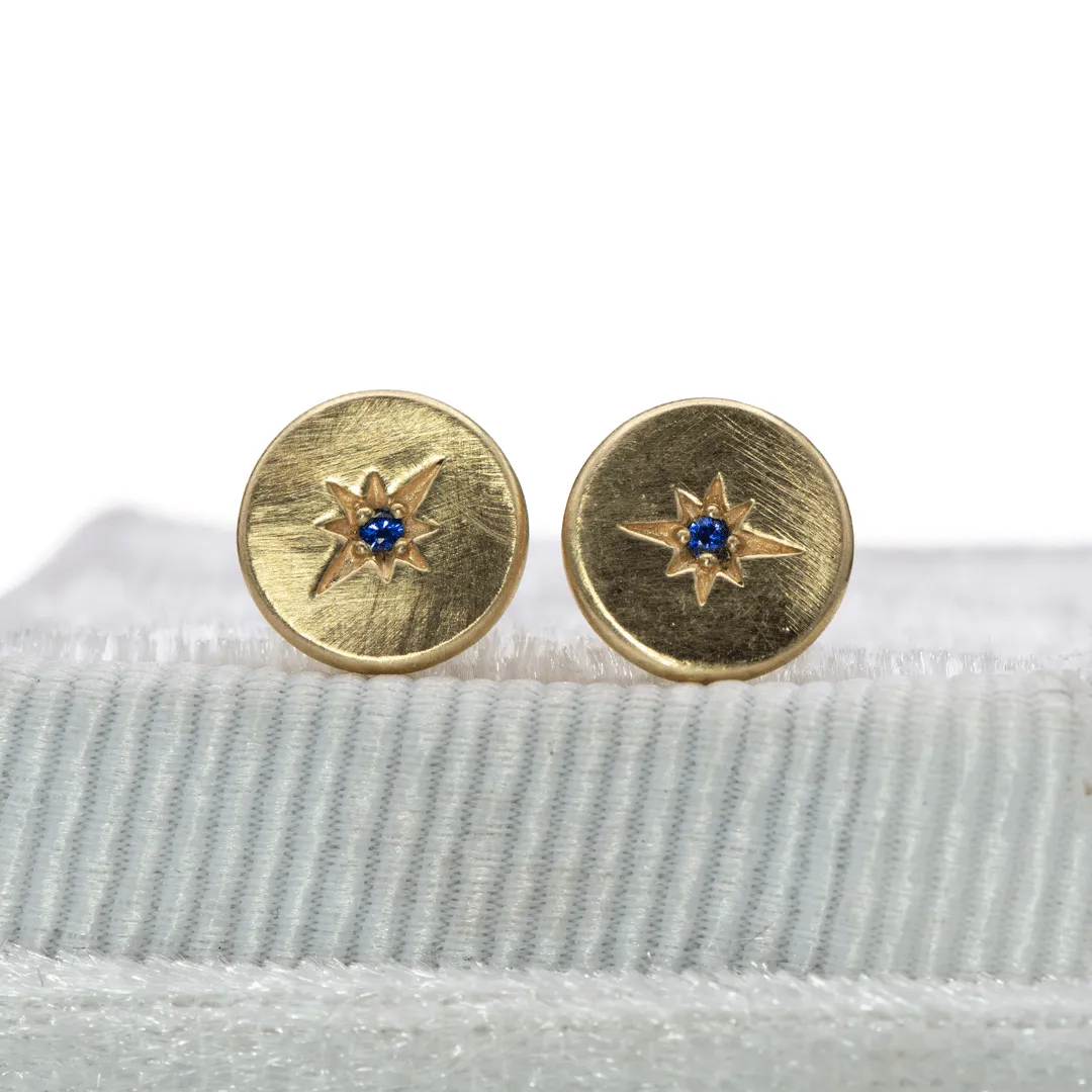 Blue Sapphire Star Set Round Disk Stud Earrings