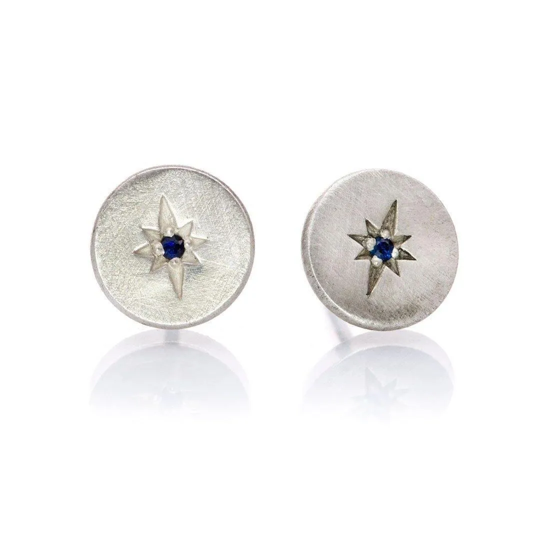 Blue Sapphire Star Set Round Disk Stud Earrings