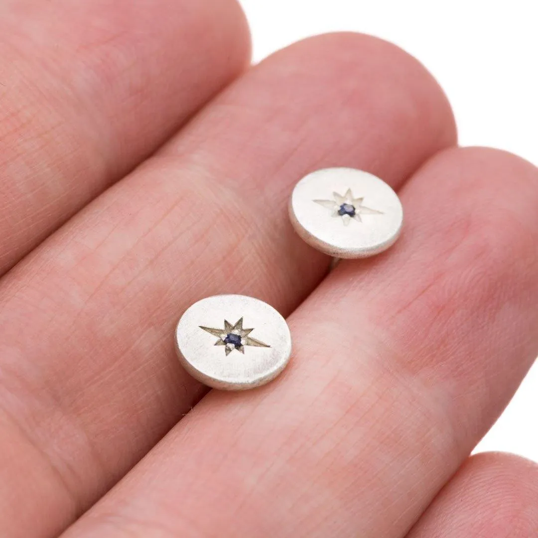 Blue Sapphire Star Set Round Disk Stud Earrings