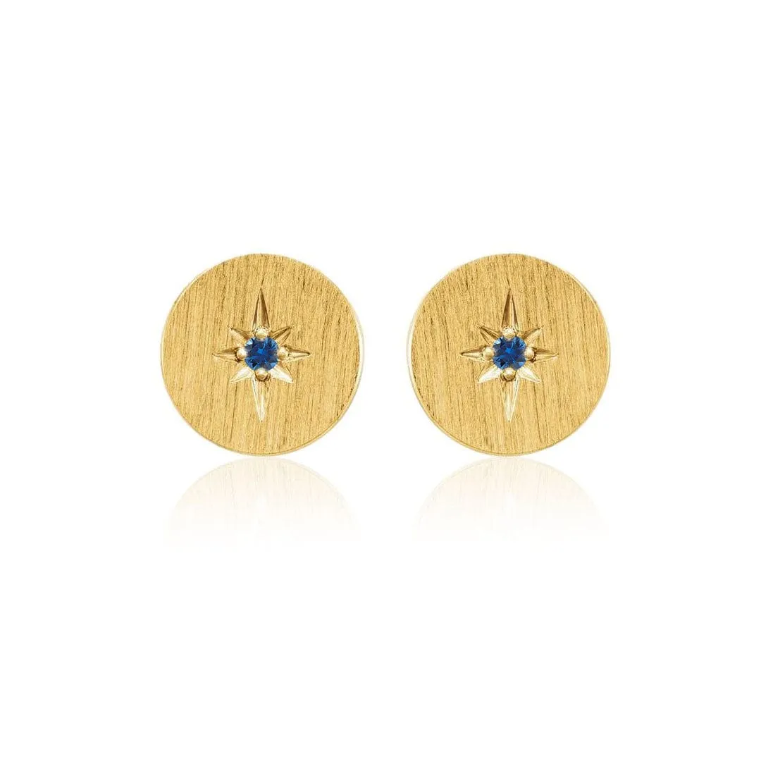 Blue Sapphire Star Set Round Disk Stud Earrings