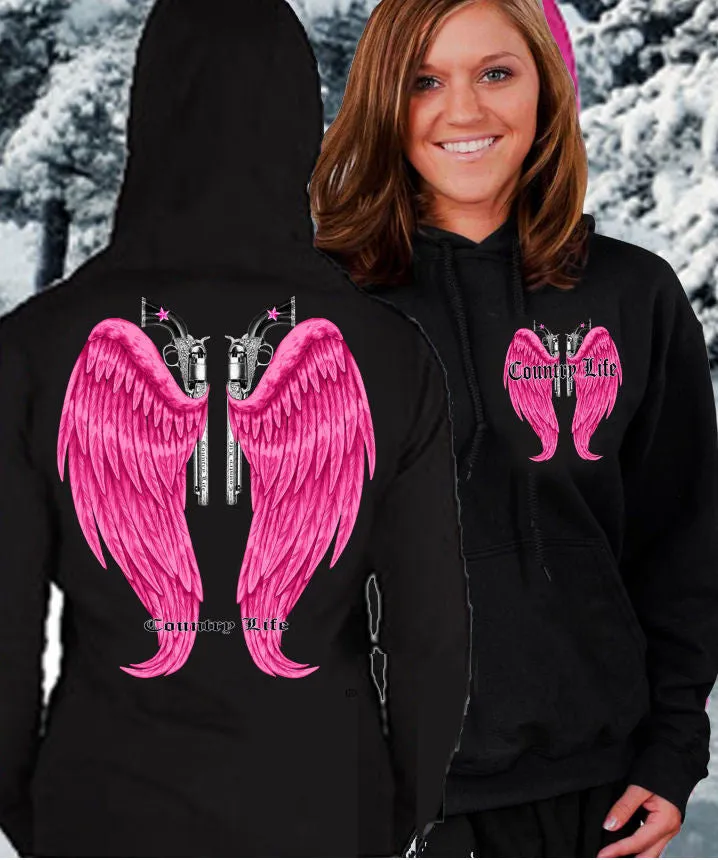 Country Life Outfitters Wings Guns Vintage Black & Pink Bright Girlie Hoodie