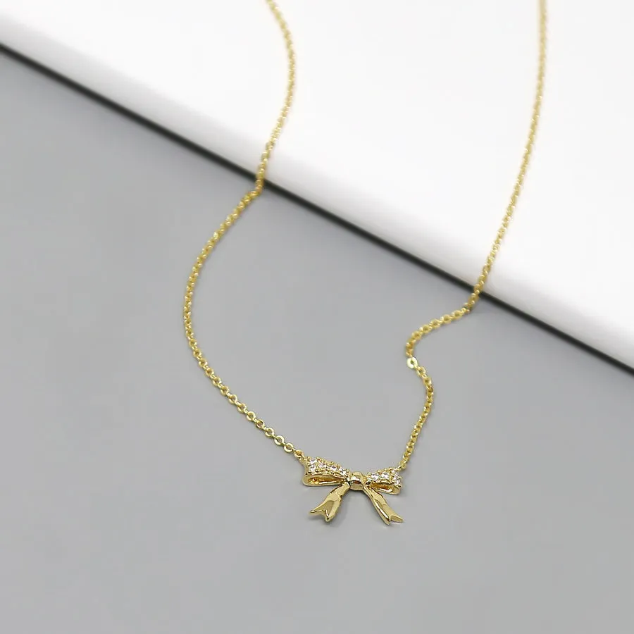 CZ Pave Bow Pendant Short Chain Necklace