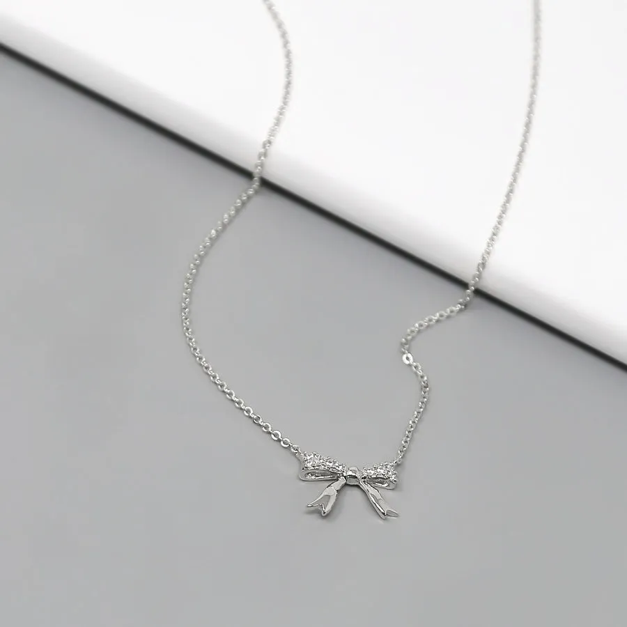 CZ Pave Bow Pendant Short Chain Necklace