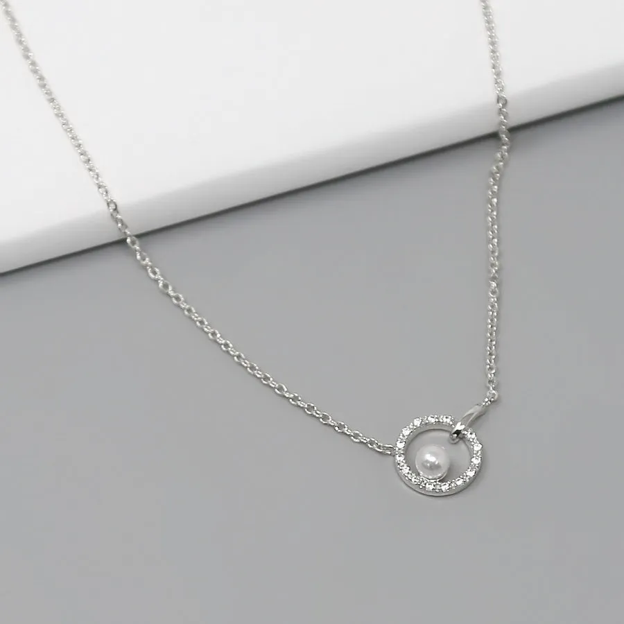 CZ Pave Circle With Pearl Pendant Short Necklace