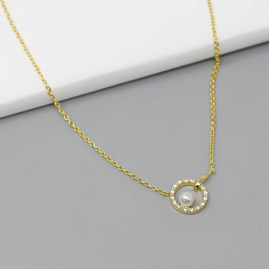 CZ Pave Circle With Pearl Pendant Short Necklace