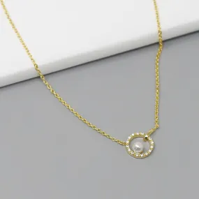 CZ Pave Circle With Pearl Pendant Short Necklace