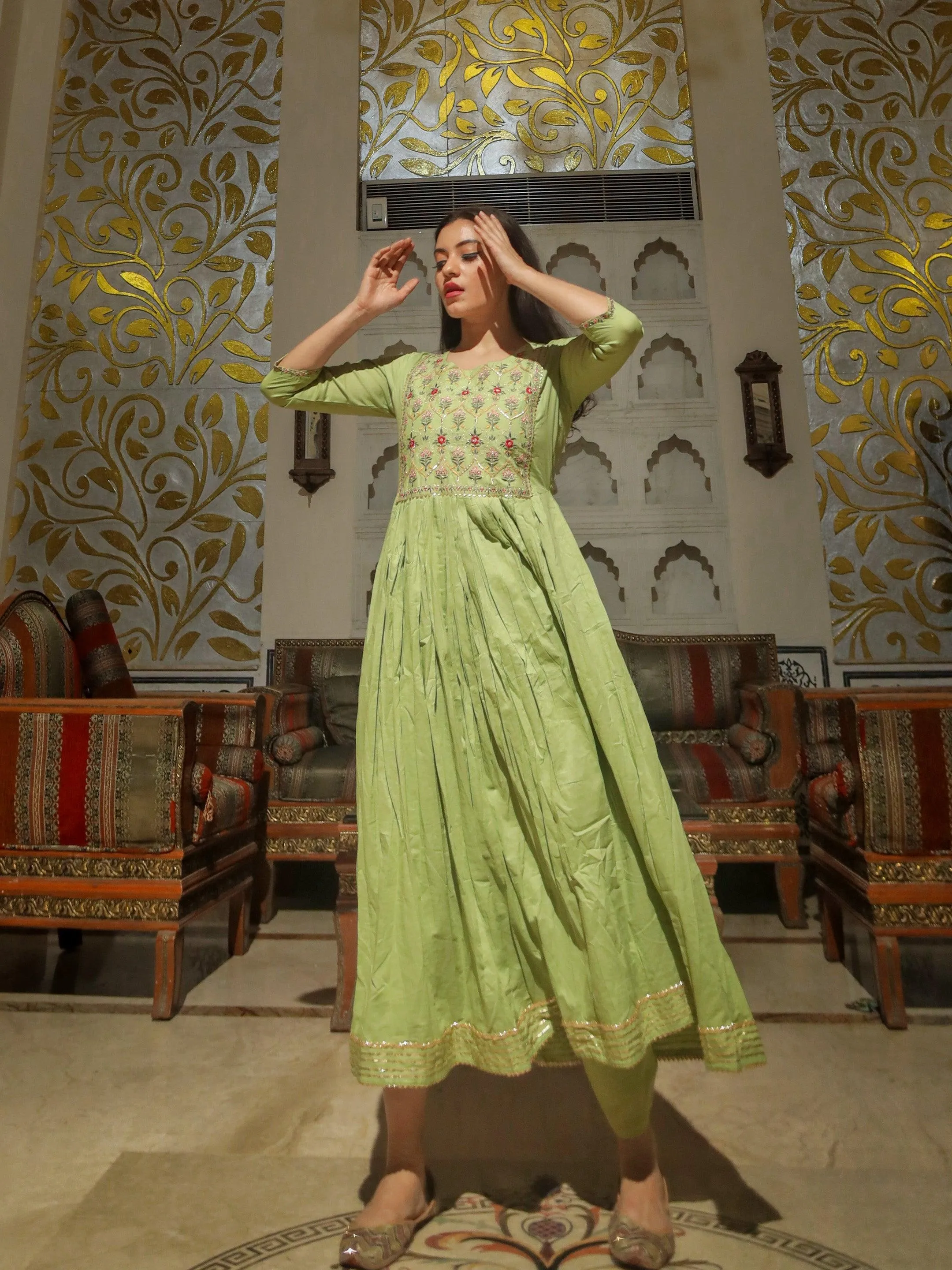 Divena Green Cotton Kurta Pant Set