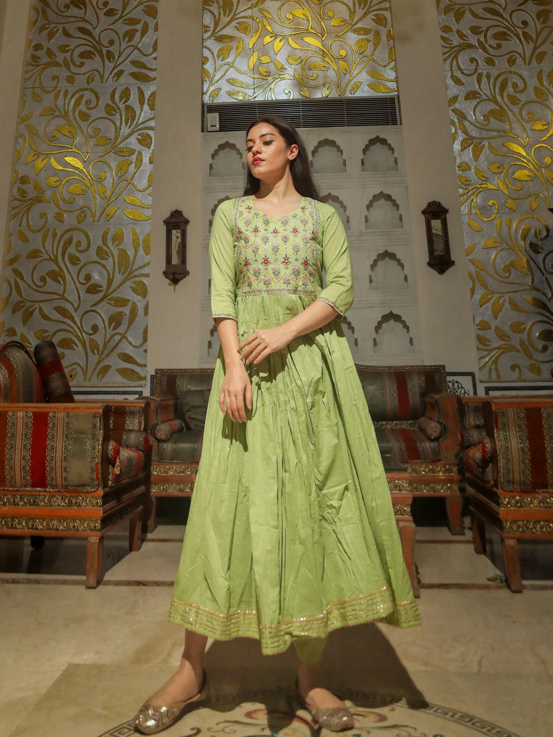 Divena Green Cotton Kurta Pant Set