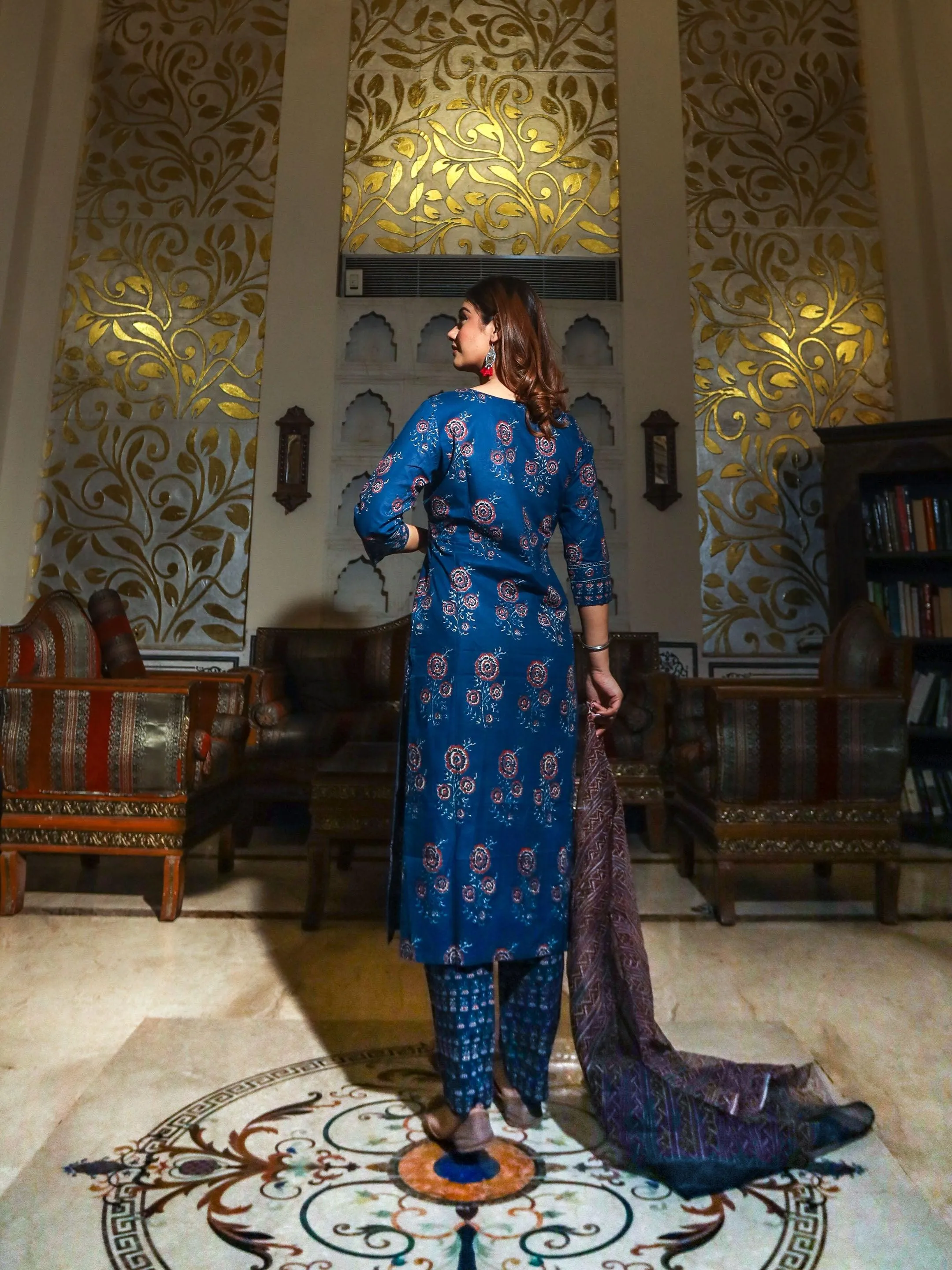 Divena Navy Blue Printed Cotton Kurta Set With Dupatta