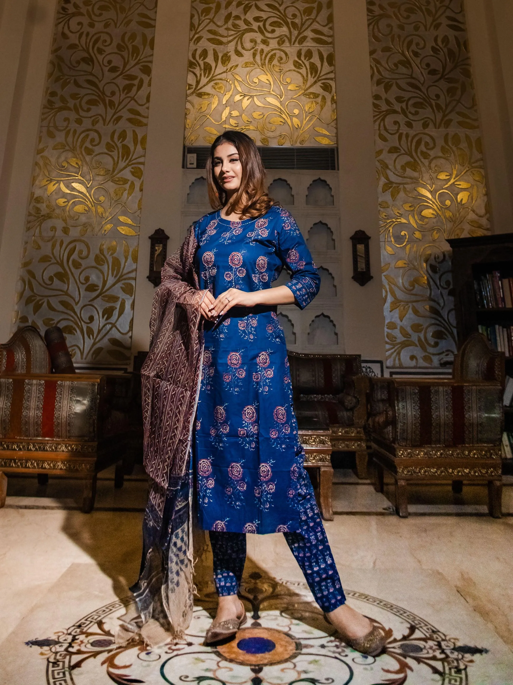 Divena Navy Blue Printed Cotton Kurta Set With Dupatta