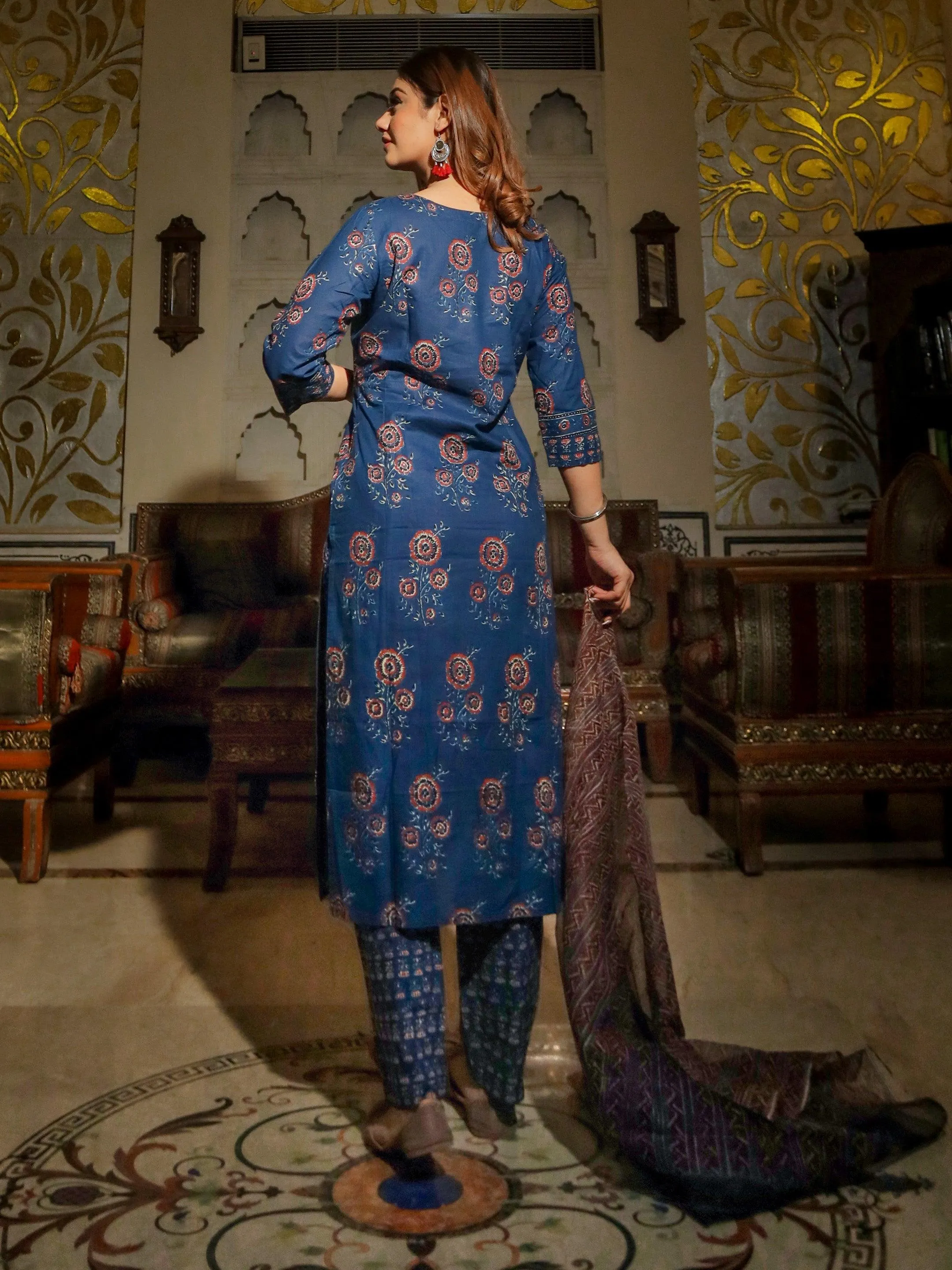 Divena Navy Blue Printed Cotton Kurta Set With Dupatta