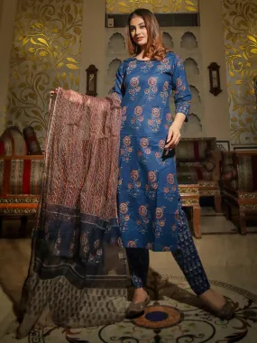 Divena Navy Blue Printed Cotton Kurta Set With Dupatta