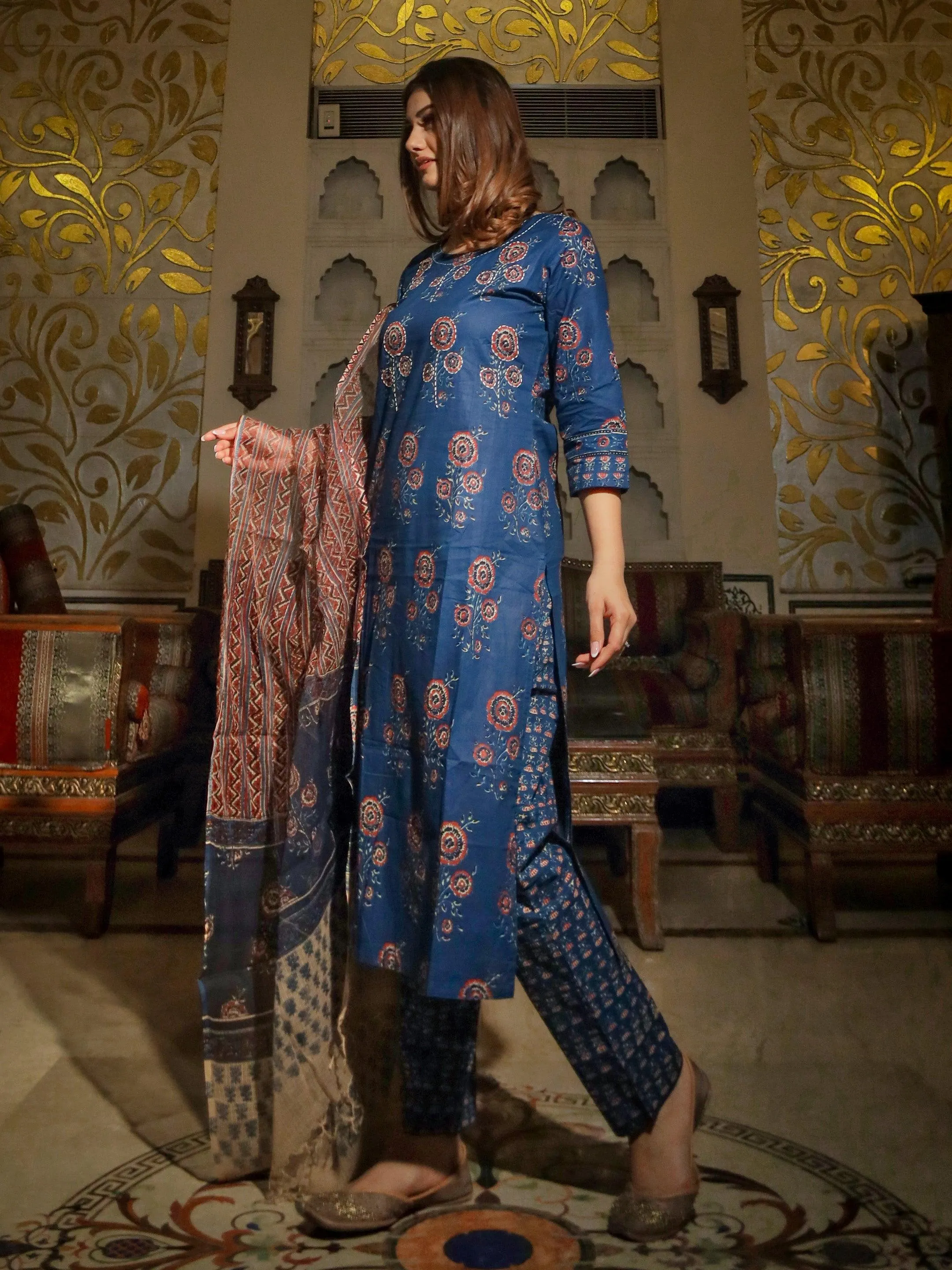 Divena Navy Blue Printed Cotton Kurta Set With Dupatta