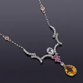 Estate 14K Gold White Spinel, Pink Topaz, Citrine & Diamond Necklace   Box 3.4G