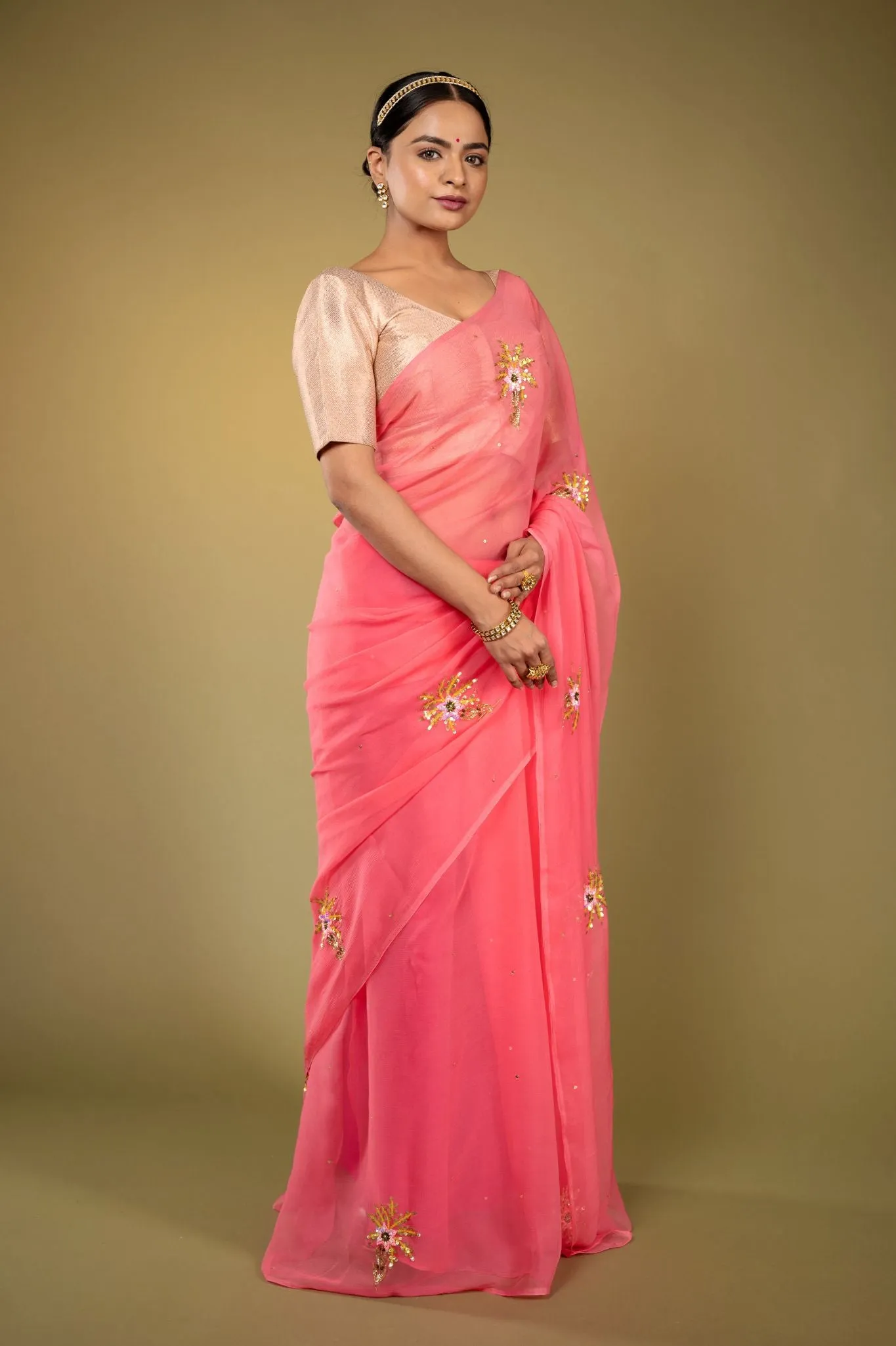 Gajri Pink Chiffon Saree