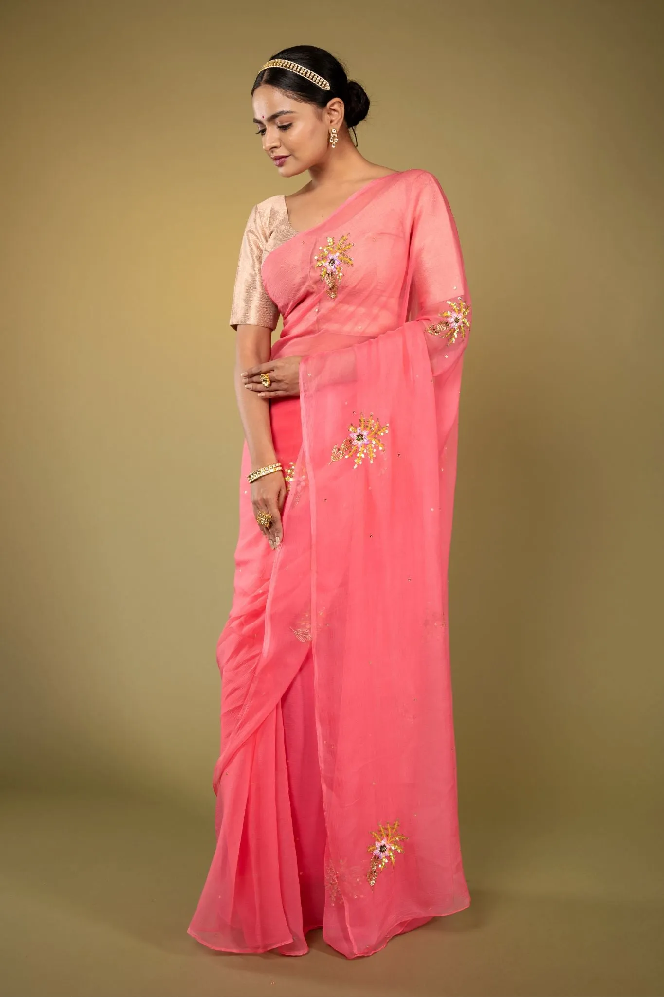 Gajri Pink Chiffon Saree