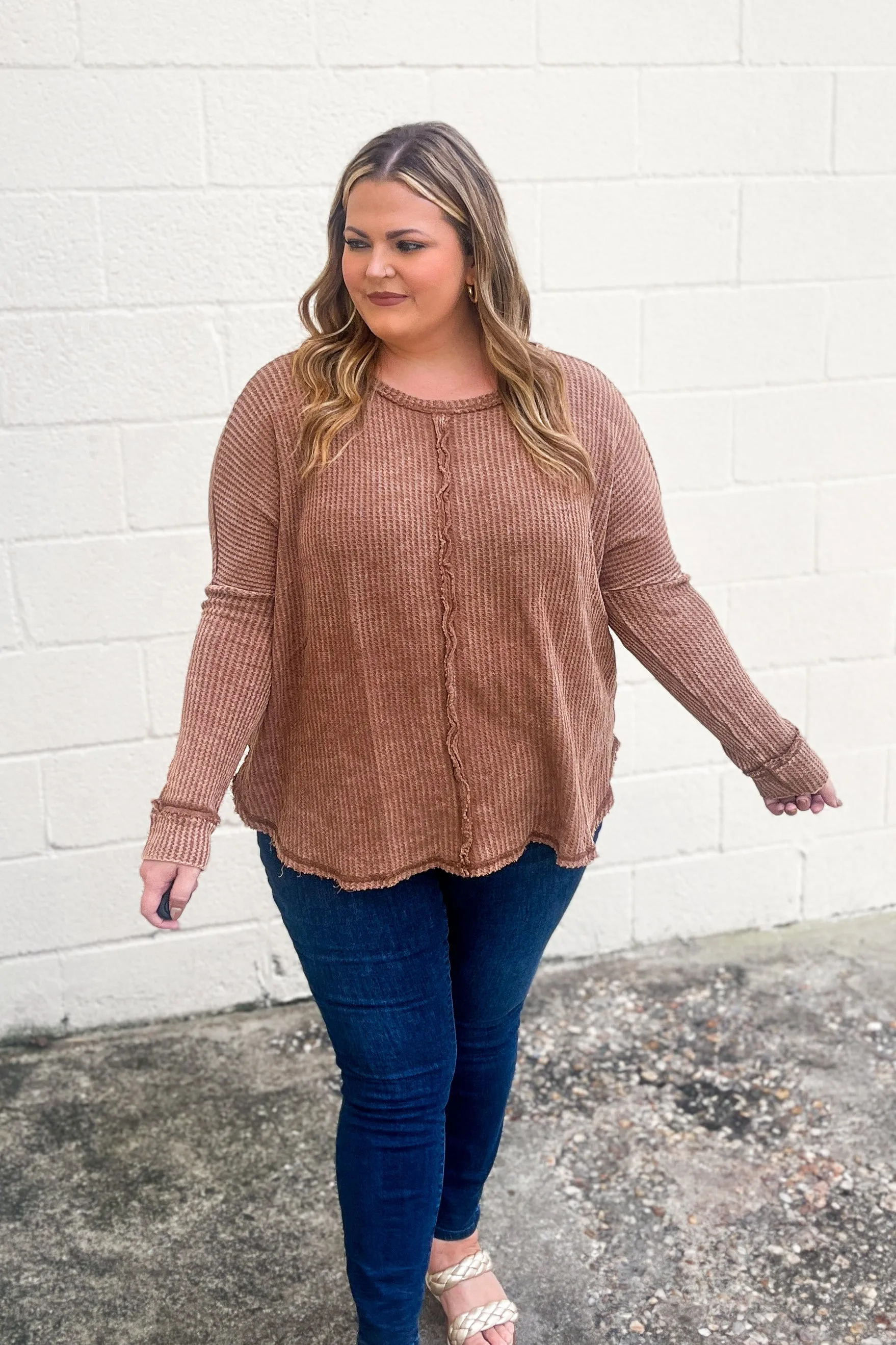 Get Up And Go Waffle Knit Top, Dark Camel