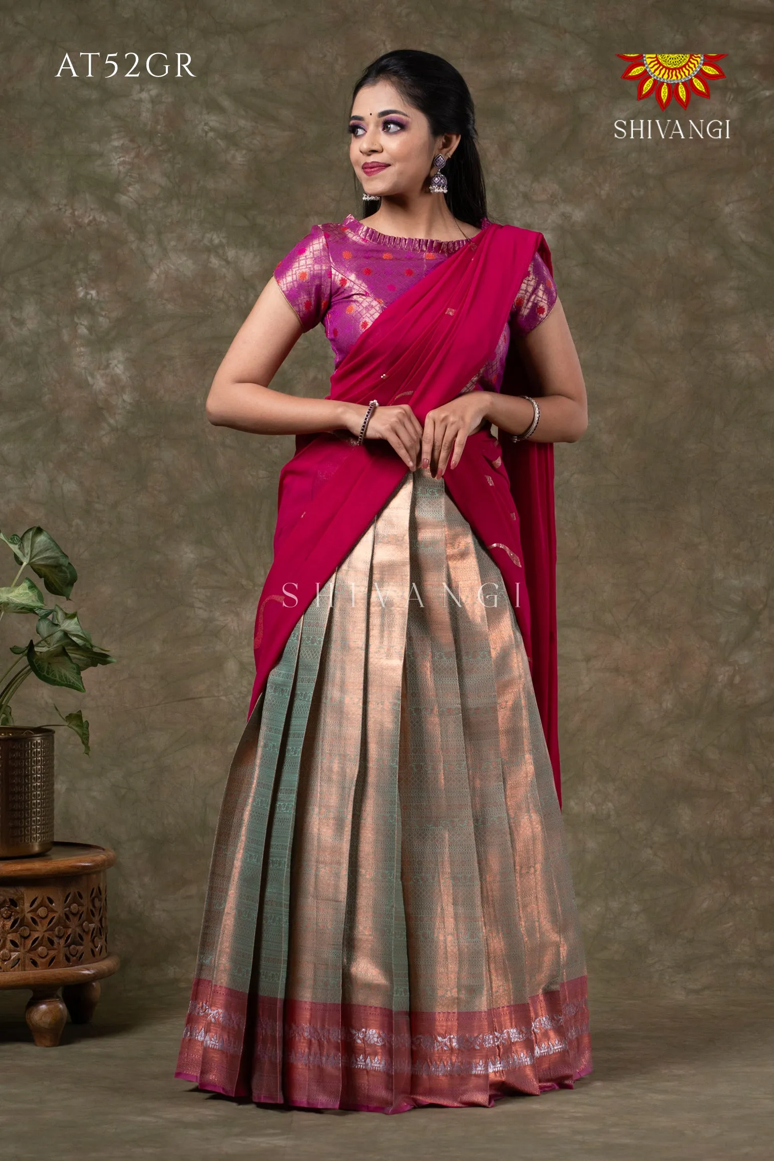 Girls Green Silver Fenze Half Saree | Langa Davani