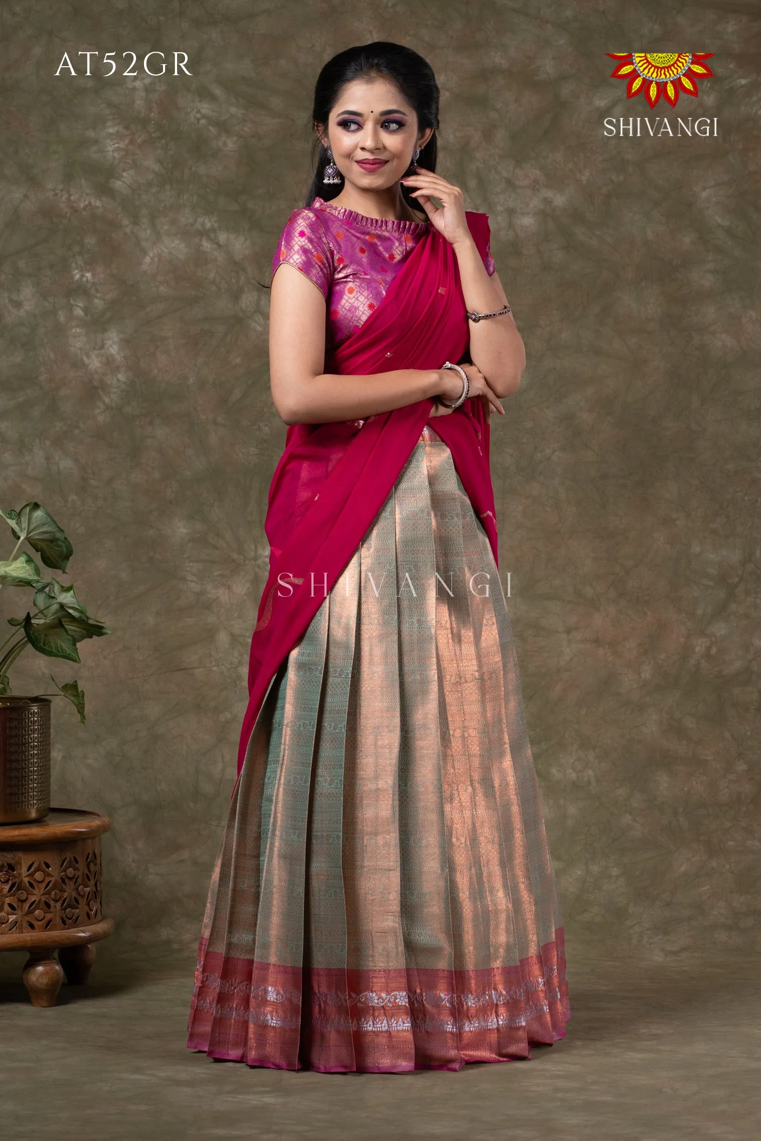 Girls Green Silver Fenze Half Saree | Langa Davani