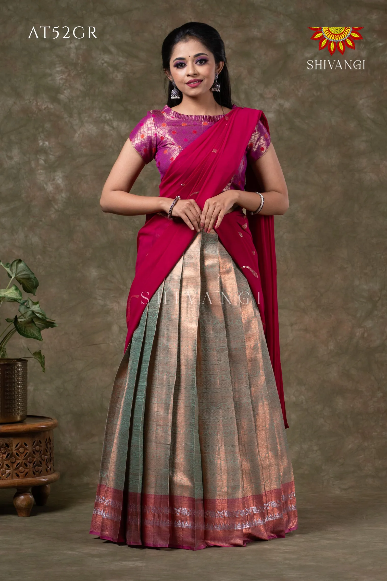 Girls Green Silver Fenze Half Saree | Langa Davani