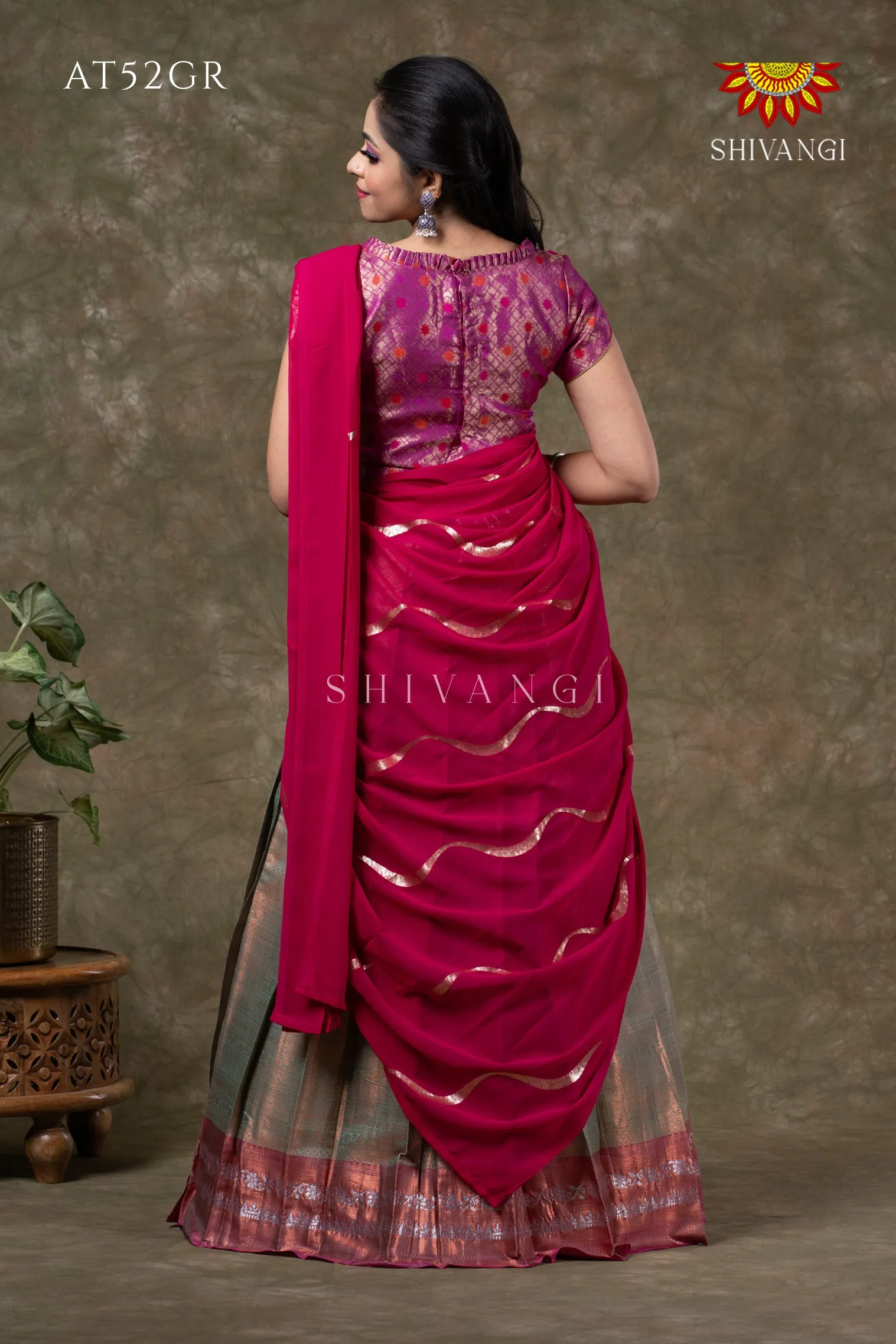 Girls Green Silver Fenze Half Saree | Langa Davani