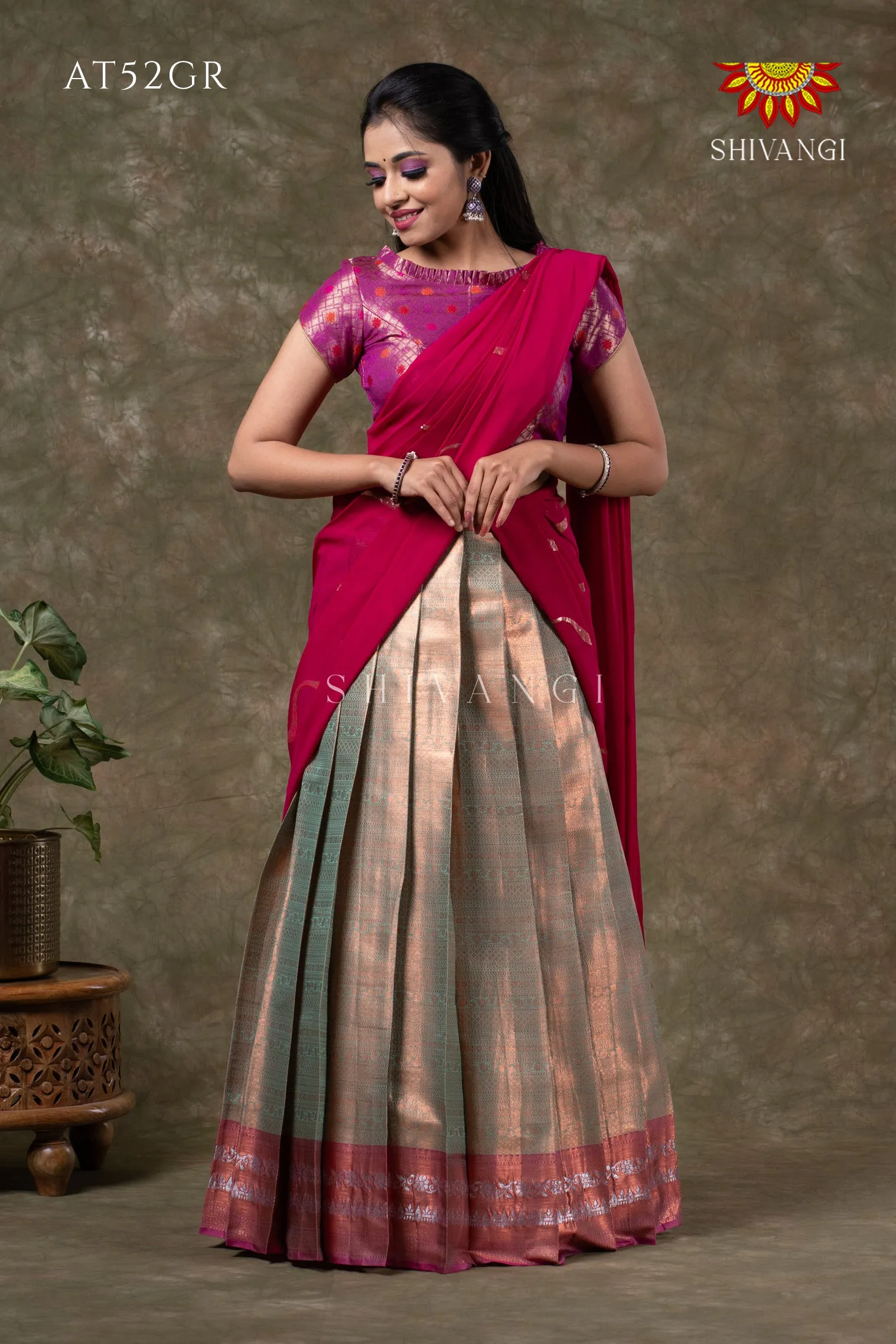 Girls Green Silver Fenze Half Saree | Langa Davani