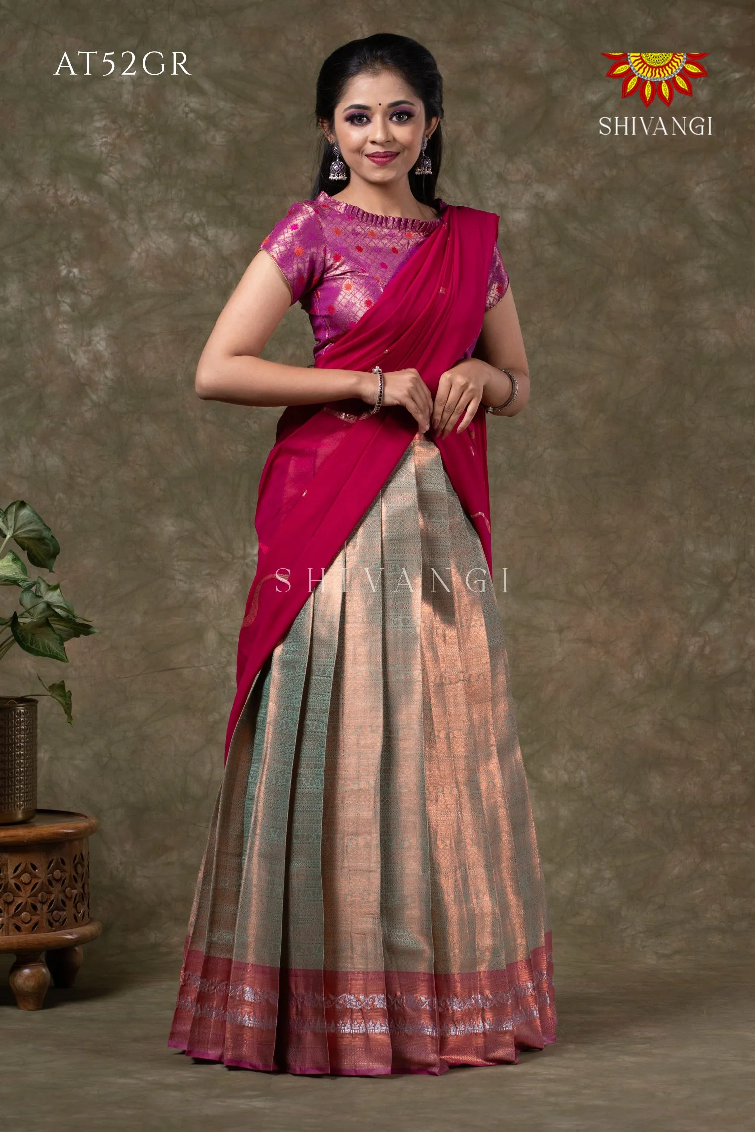 Girls Green Silver Fenze Half Saree | Langa Davani